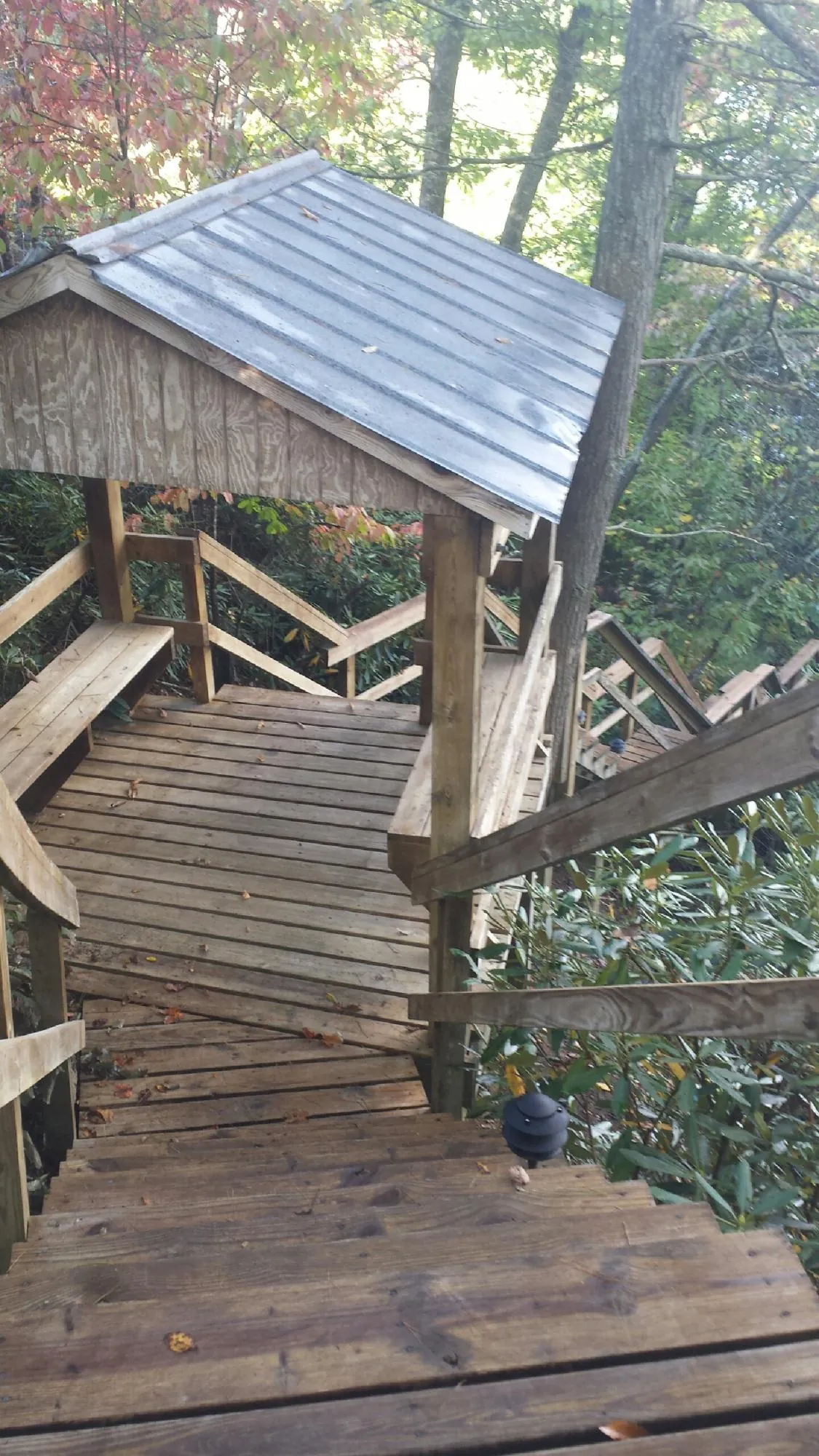 Metal roofed shelter over wooden steps on a wooded walkway — Skylight Repair & Installation work by our crew in Roachdale